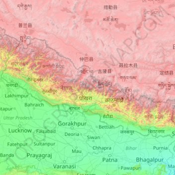 Mapa topográfico Nepal, altitud, relieve