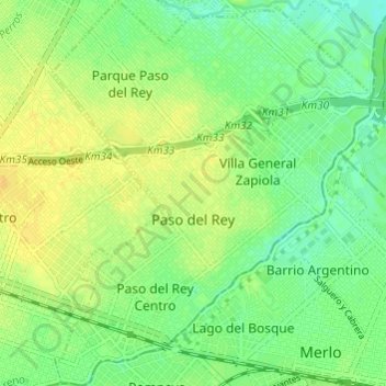 Mapa topográfico Paso del Rey, altitud, relieve