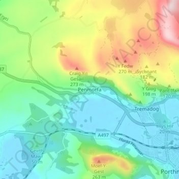 Mapa topográfico Penmorfa, altitud, relieve