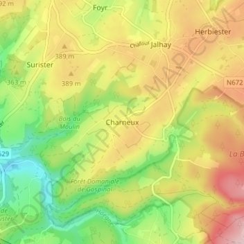 Mapa topográfico Charneux, altitud, relieve