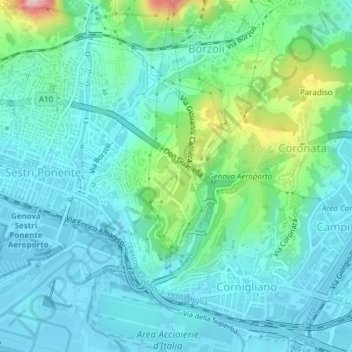 Mapa topográfico Erzelli, altitud, relieve