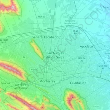 Mapa topográfico San Nicolás de los Garza, altitud, relieve