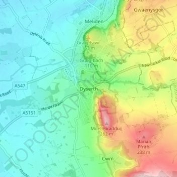 Mapa topográfico Dyserth, altitud, relieve