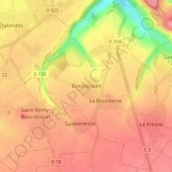 Mapa topográfico Boscrocourt, altitud, relieve