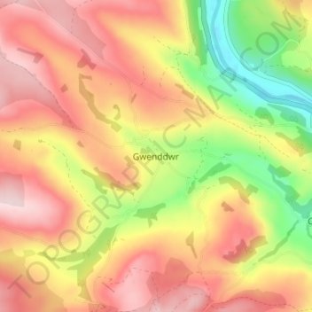 Mapa topográfico Gwenddwr, altitud, relieve