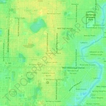 Mapa topográfico Armenia Terrace, altitud, relieve