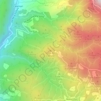 Mapa topográfico Colle del Cimone, altitud, relieve