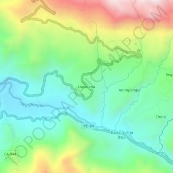 Mapa topográfico Llanduma, altitud, relieve