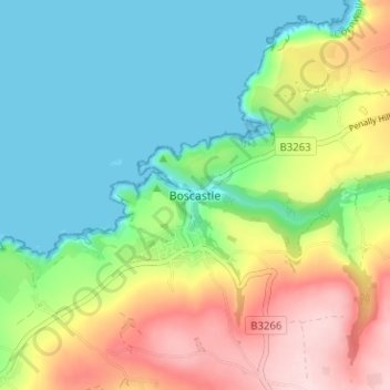 Mapa topográfico Boscastle, altitud, relieve