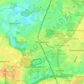 Mapa topográfico Kronshagen, altitud, relieve