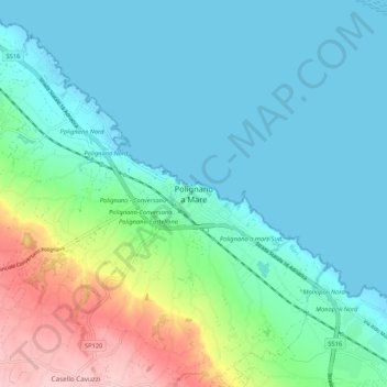Mapa topográfico Polignano a Mare, altitud, relieve