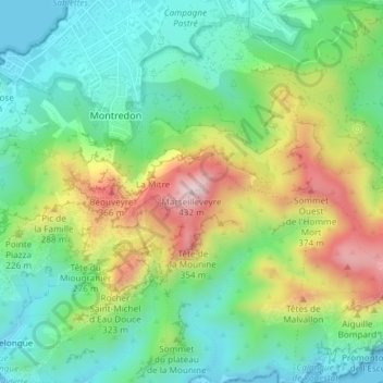 Mapa topográfico Marseilleveyre, altitud, relieve