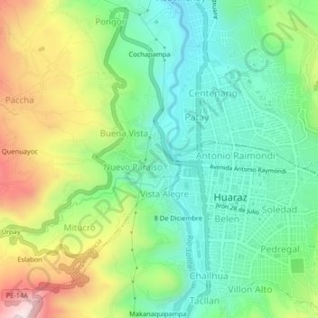 Mapa topográfico Los Olivos, altitud, relieve