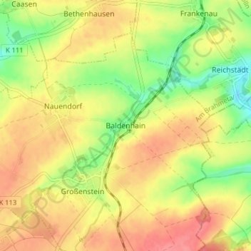 Mapa topográfico Baldenhain, altitud, relieve