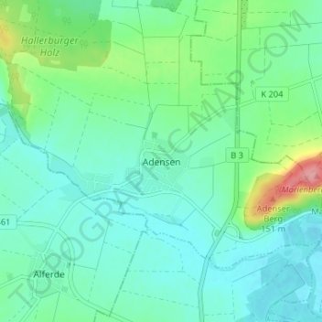 Mapa topográfico Adensen, altitud, relieve