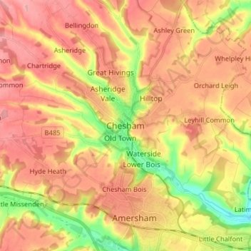 Mapa topográfico Chesham, altitud, relieve