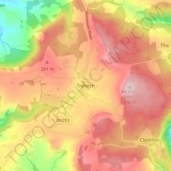 Mapa topográfico Trellech, altitud, relieve