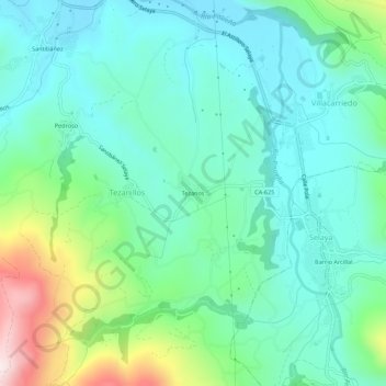 Mapa topográfico Tezanos, altitud, relieve