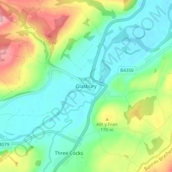 Mapa topográfico Glasbury, altitud, relieve