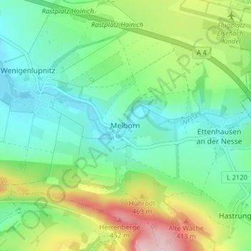 Mapa topográfico Melborn, altitud, relieve