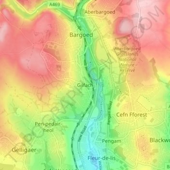 Mapa topográfico Gilfach, altitud, relieve