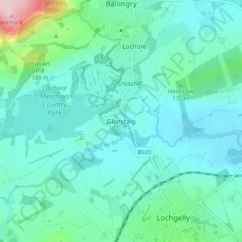 Mapa topográfico Glencraig, altitud, relieve