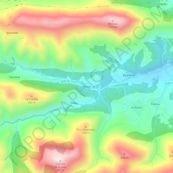Mapa topográfico Mestas, altitud, relieve