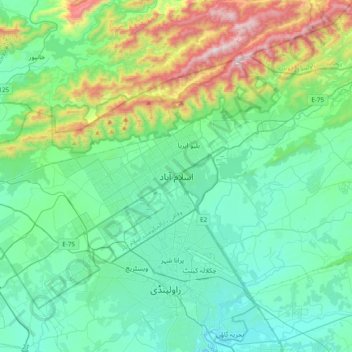 Mapa topográfico Islamabad, altitud, relieve