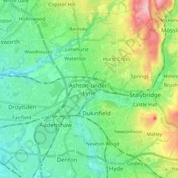 Mapa topográfico Ashton-under-Lyne, altitud, relieve