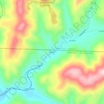 Mapa topográfico Pruden, altitud, relieve