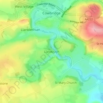 Mapa topográfico Llandough, altitud, relieve