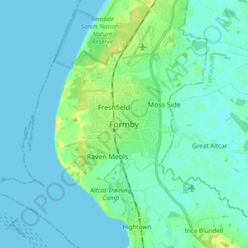 Mapa topográfico Formby, altitud, relieve