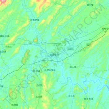 Mapa topográfico Longhui, altitud, relieve