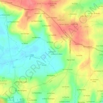 Mapa topográfico Chauvigni, altitud, relieve