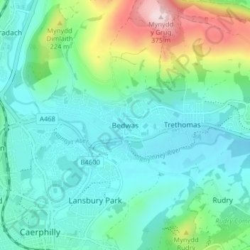 Mapa topográfico Bedwas, altitud, relieve