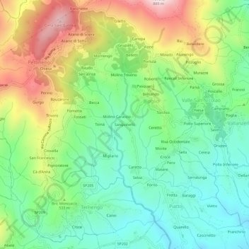 Mapa topográfico Sanguinetti, altitud, relieve