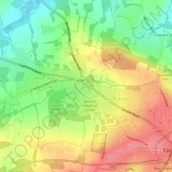 Mapa topográfico Felbridge, altitud, relieve