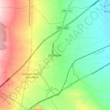 Mapa topográfico Zitlaltépec, altitud, relieve