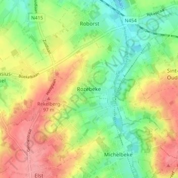 Mapa topográfico Rozebeke, altitud, relieve