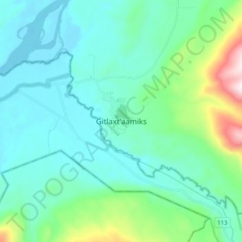 Mapa topográfico Gitlaxt'aamiks, altitud, relieve