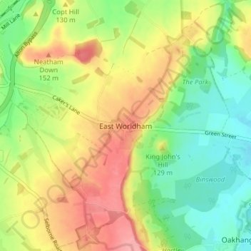 Mapa topográfico East Worldham, altitud, relieve