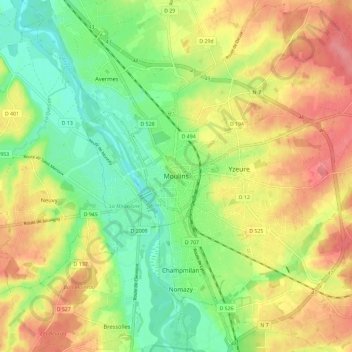 Mapa topográfico Moulins, altitud, relieve