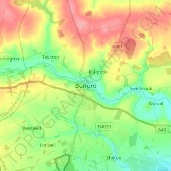 Mapa topográfico Burford, altitud, relieve