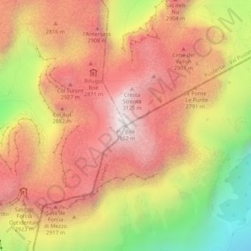 Mapa topográfico Piz Boè, altitud, relieve