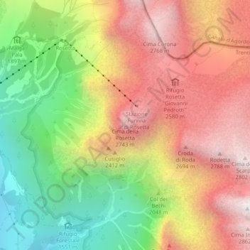 Mapa topográfico Cima della Rosetta, altitud, relieve