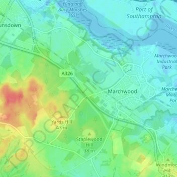 Mapa topográfico Pooksgreen, altitud, relieve