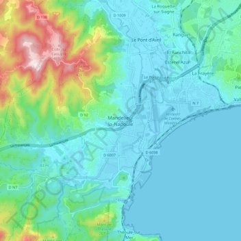 Mapa topográfico Mandelieu-la-Napoule, altitud, relieve