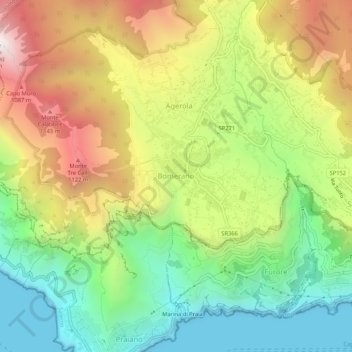 Mapa topográfico Bomerano, altitud, relieve
