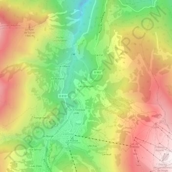 Mapa topográfico Les Granges, altitud, relieve