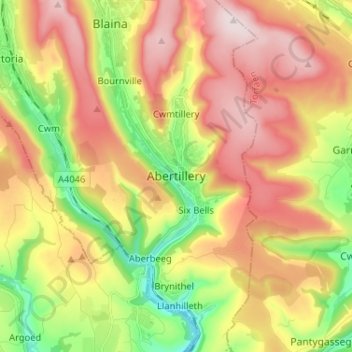Mapa topográfico Abertillery, altitud, relieve